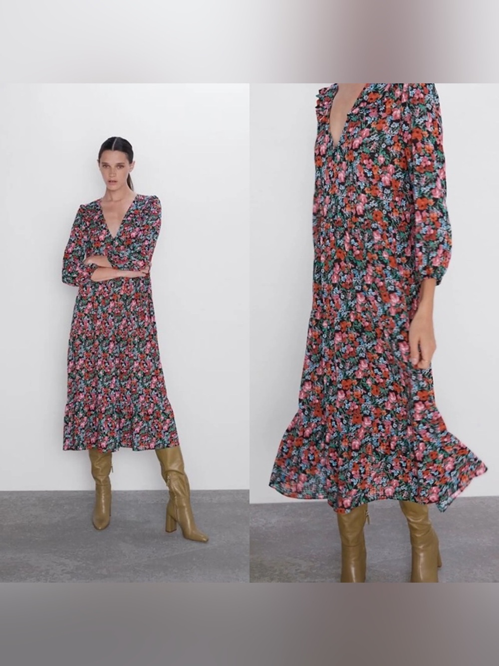 NWT Zara Floral Printed Midi Dress Size Small Blogger Fav Boho Prairie Ruffles